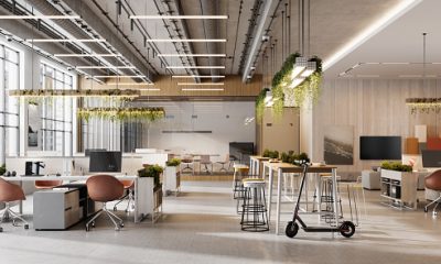 Creative office interior. 3D Rendering of modern and bright open plan office space.